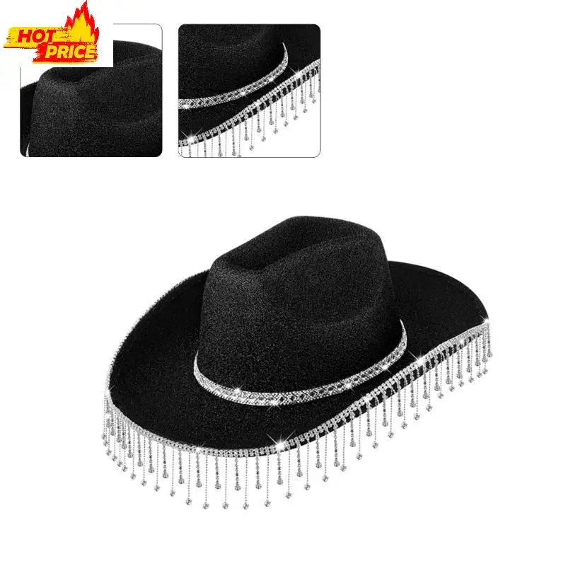 

Мерцающая ковбойская шляпа со стразами и бахромой для женщин, музыкальная фестивальная панама, шляпа с большими полями, шляпа,