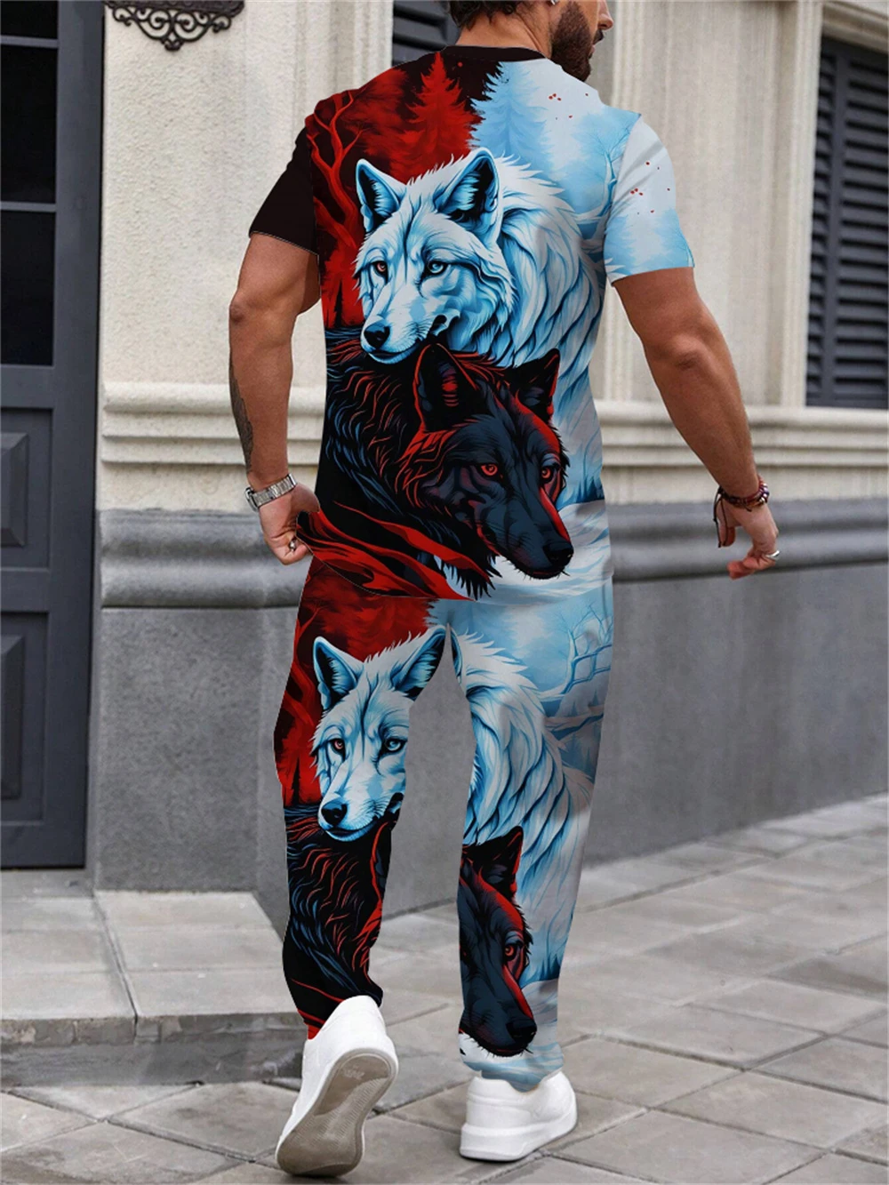 Men's personality clothing black and white Wolf head pattern two-piece set casual crew neck short-sleeved T-shirt and trousers