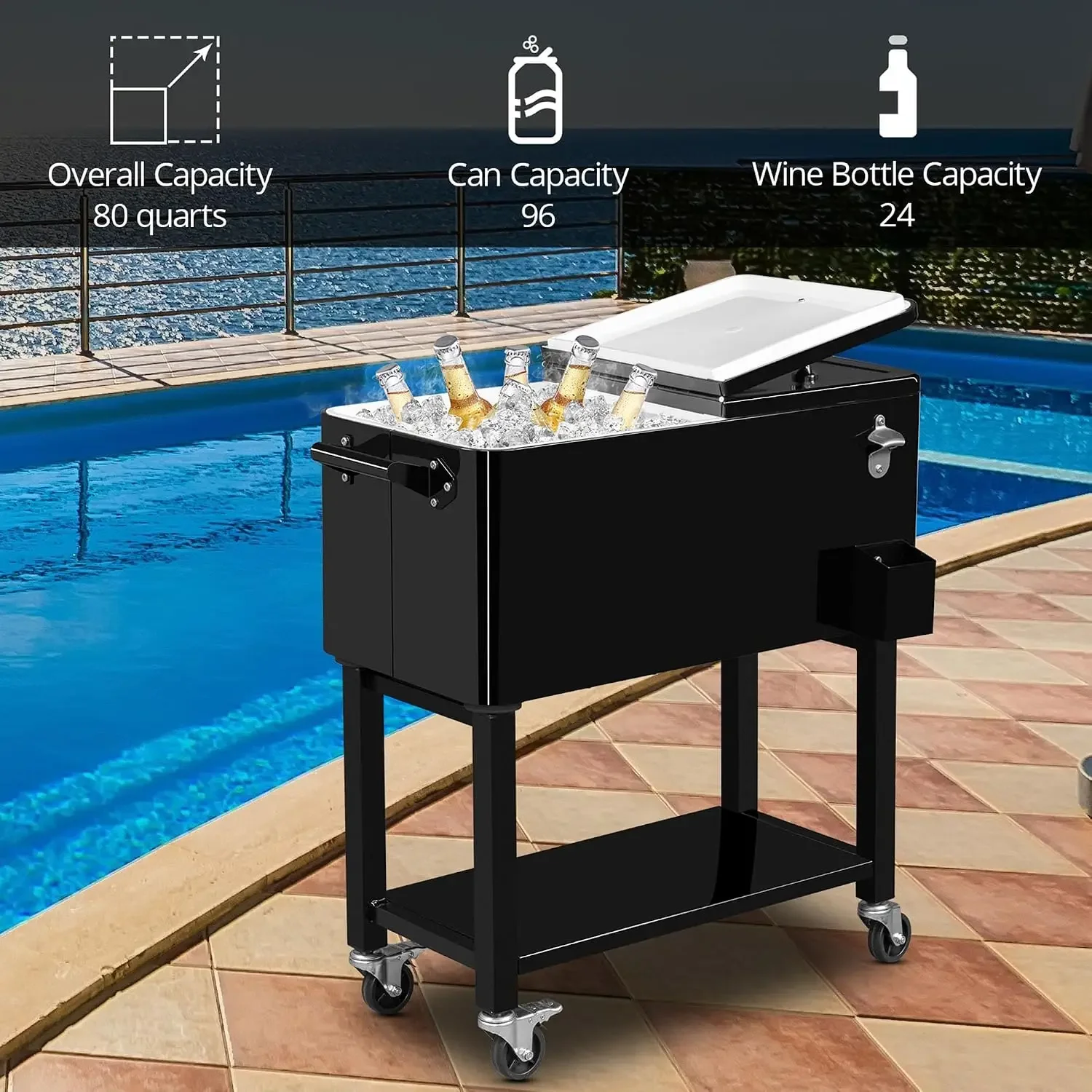80 Quart Rolling Ice Chest Cooler Cart on Wheels, Portable Outdoor Drink Cooler & Beverage Cart for Patio Porch Deck Beach Party view 6