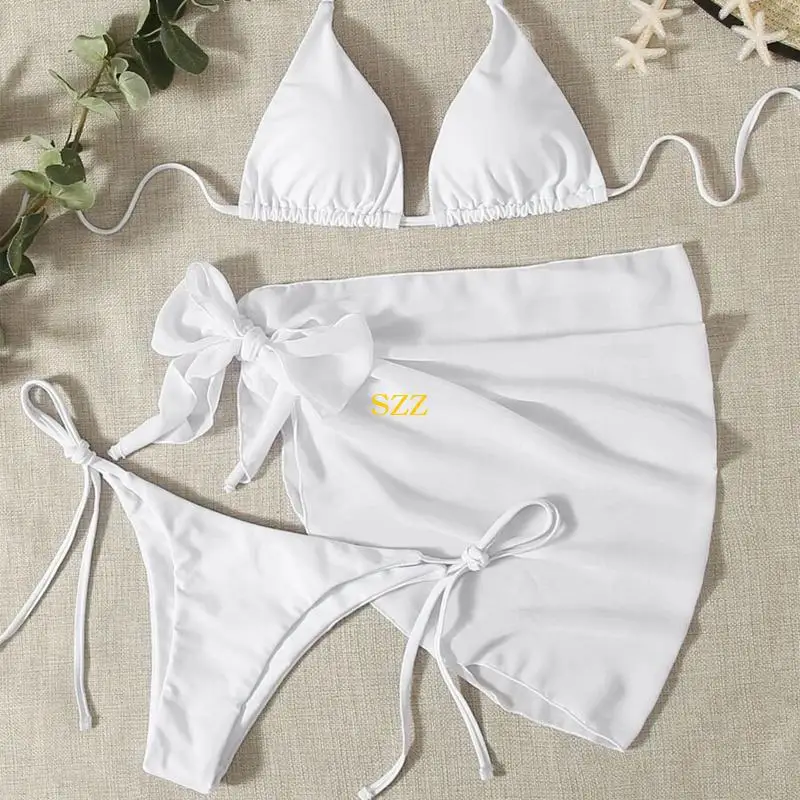 

Sexy Knotted Bathing Suit Beachwear Solid Color Split Swimwear with Cover Ups