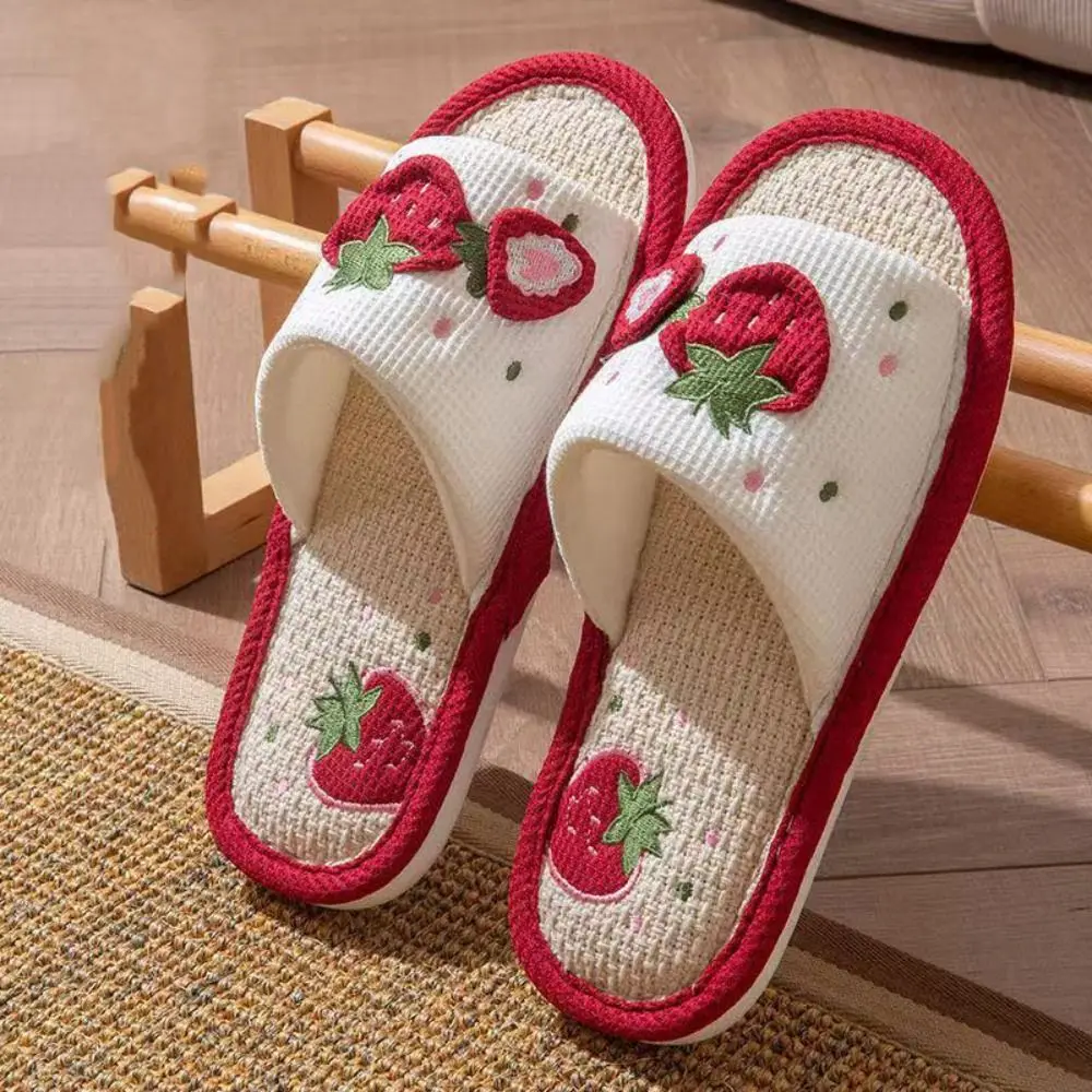 مريحة لينة وحيد منزل الكتان النعال المضادة للانزلاق المفتوحة تو الفراولة النعال النساء تنفس الكتان المنزل ارتداء الأحذية غرفة نوم