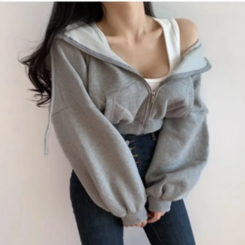 Zip Up Short Hooded Shirt Women Solid Color Lady Sweatshirt Tracksuit Long Sleeve Female Crop Top Y2k Korean Harajuku Moletom