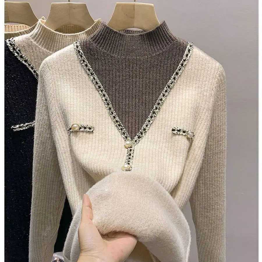 Autumn and Winter New Fashion Plush Thickened Half High Collar Fake Two Piece Sweaters Women's Knitted Underlay