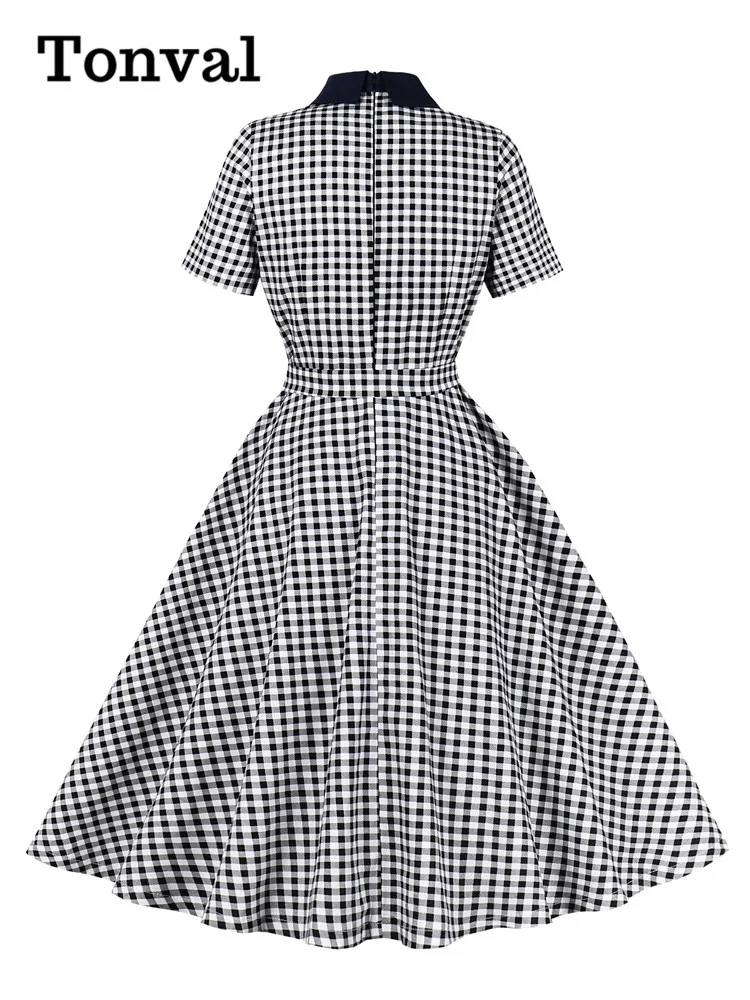 Tonval Peter Pan Collar Gingham Print Elegant Summer Dress Women 2024 New In Rockabilly Vintage Belted Pocket Side Swing Dresses