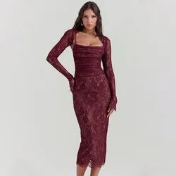 Gtpdpllt Lace Print Bodycon Sexy Dress Women 2024 Robes Elegant Evening Party Outfits 2 Piece Sets Bodycon Midi Long Dresses