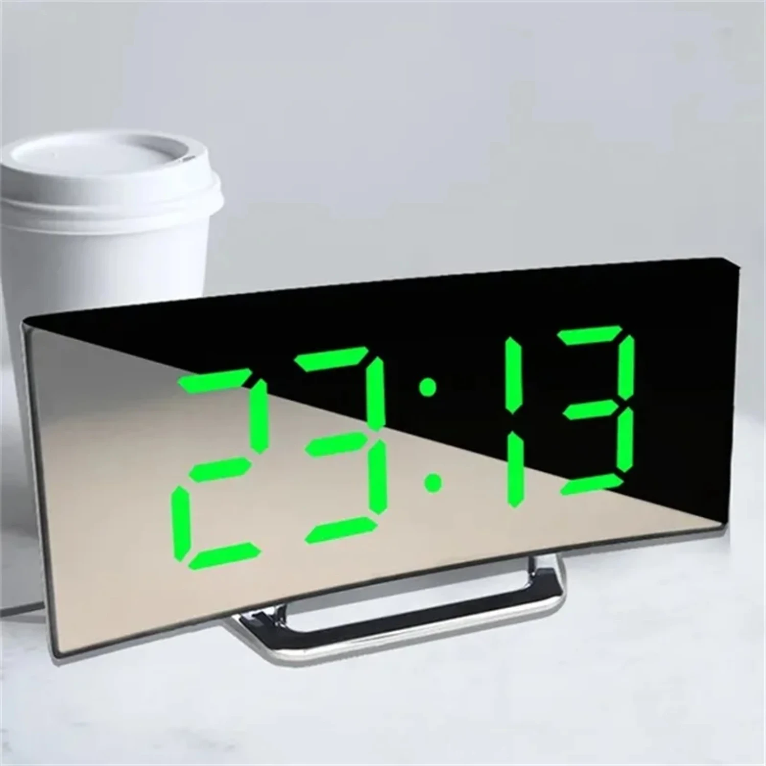 Stylish Modern Large Curved Mirror Display Digital Alarm Clock - Creative Chic USB Charging Powered Bedside Table Clock for Home