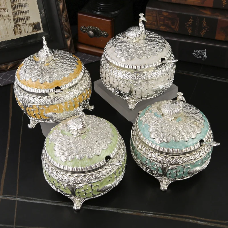 Southeast Asian Style Peacock Shaped Sugar Bowl Metal Hand Glazed Kitchen Organizers Storage Box Desktop Ornament Decoration