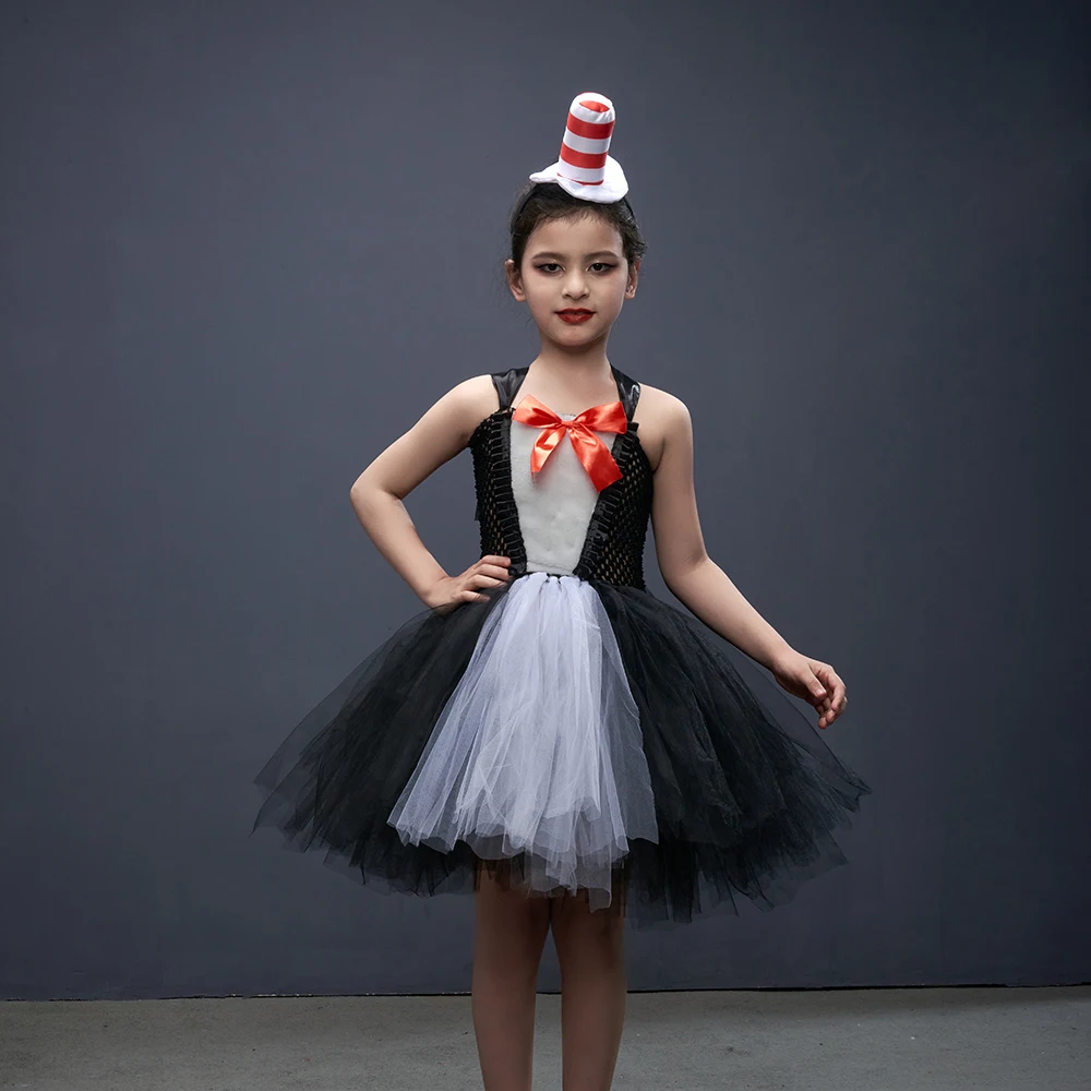 

Костюм кота в шляпе для девочек, нарядное платье доктора Сьюза для Хэллоуина, косплей, наряд для вечеринки, смокинг для циркового манежа на день рождения