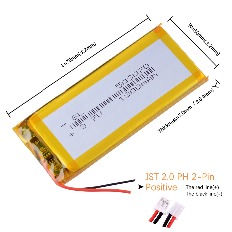 JST2.0 2P 503070 3.7V 1300mAh 리튬 이온 폴리머 배터리 483070 배터리 403070 603070 703070 803070