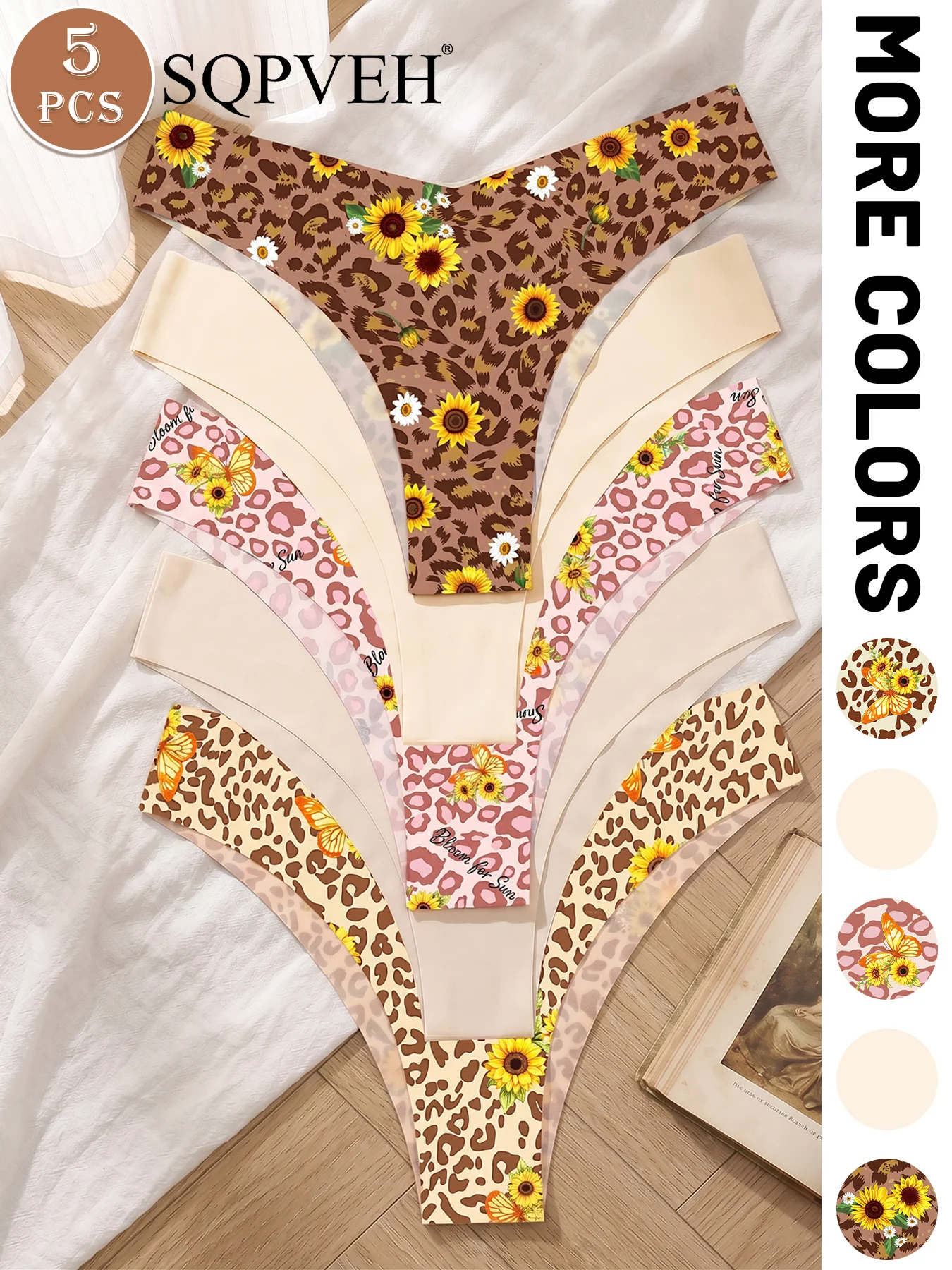 Lot de 5 strings taille en V, imprimé léopard, tournesol et papillon, motifs unis, sans couture, invisibles, doux et extensibles, sous-vêtements pour femme