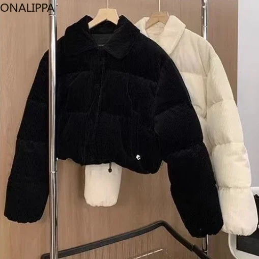 Onalippa Corduroy Cropped Jackets for Women Drawstring Solid Turn Down Collar Quilted Coat Korean Loose Winter Clothes Warm