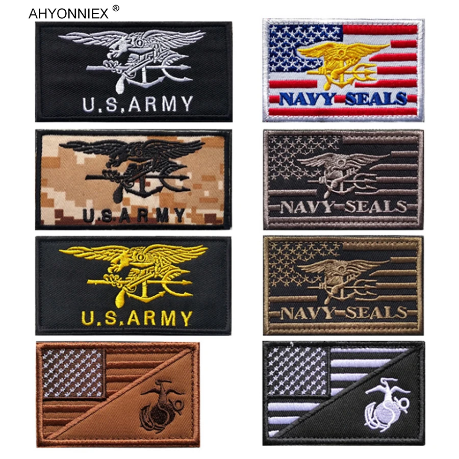 AHYONNIEX 1 PC 3D Embroidery NAVY SEALS U.S.ARMY Flag Patch Armband Badge Tactical Morale Cloth Sticker Banner DIY