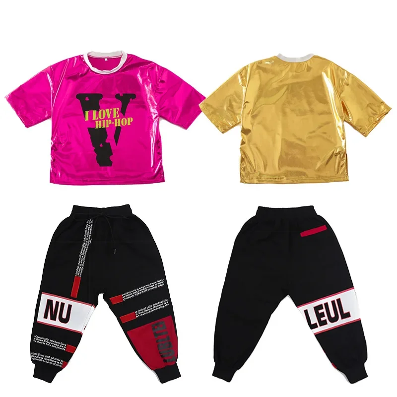 Hip Hop Costume Girls Boys Ballroom Dancing Loose PU Pant T Shirt Kids Jazz Dance Costumes Child Competition Show Clothes Wear