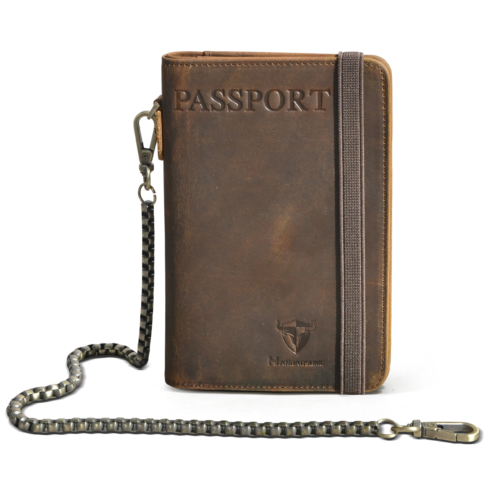 

Thick Crazy Horse Leather Functional RFID Blocking Passport Holder Case Travel Bifold Snap Chain Safety Wallet For Men Male 2803