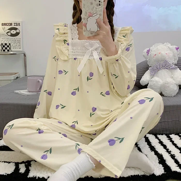 Primavera e autunno nuove donne pigiama pizzo pantaloni a maniche lunghe stampa orso principessa Cartoon Loungewear Set pigiama
