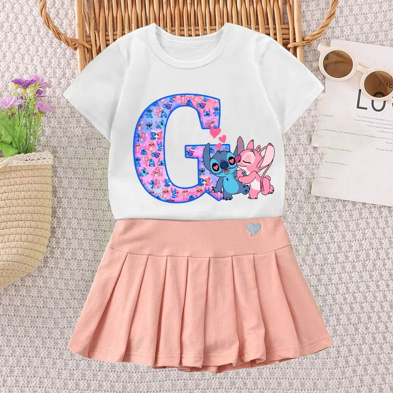 ステッチエンジェル Tシャツスカートセット女の子ディズニーアニメ手紙 A-Z Tシャツプリーツドレス子供夏半袖スカート子供 Clorhes