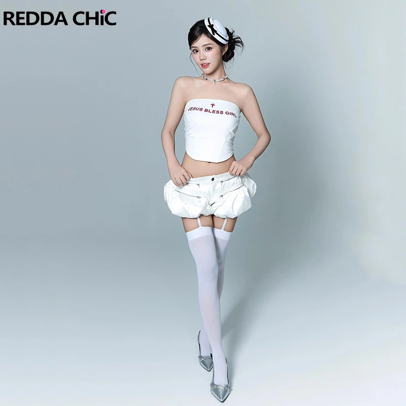 

REDDACHiC Gothic Cross Women Tube Top Shorts White Matching Set Print Letters Corset Satin Bloomers Steampunk Party Rave Outfits