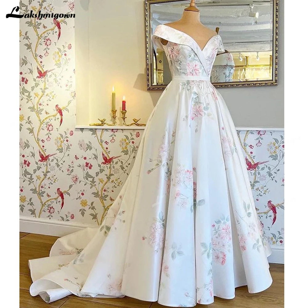 Luxury Satin With Printing Colorful Vintage Customized Wedding Dress Abito da Sposa Deep Bridal Reception Gown Sexy Bridal Dress