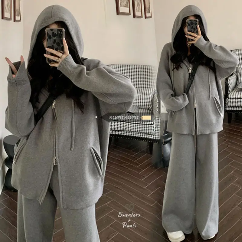 

Autumn Women Tracksuit Loose Gray Double-zip Hooded Jacket with High Waist Sweat Pants Two Piece Set Jogging Fitness Sports Suit
