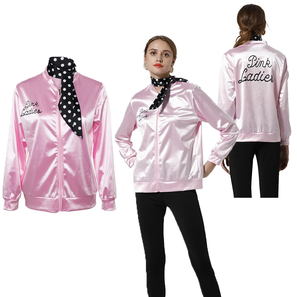 

Adult Kids Grease Cosplay Jacket Satin Coat With Neckscarf Pink Ladies Retro Fancy Female Jacket Halloween Carnival Party Coat