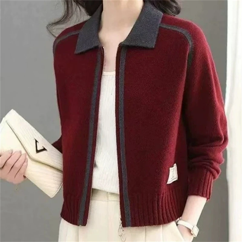 Women Sweater Coat Spring Autumn New Cardigan Double Zipper Knitted Jacket Short Fashion Lapel Sweater Color Blocking Female Top