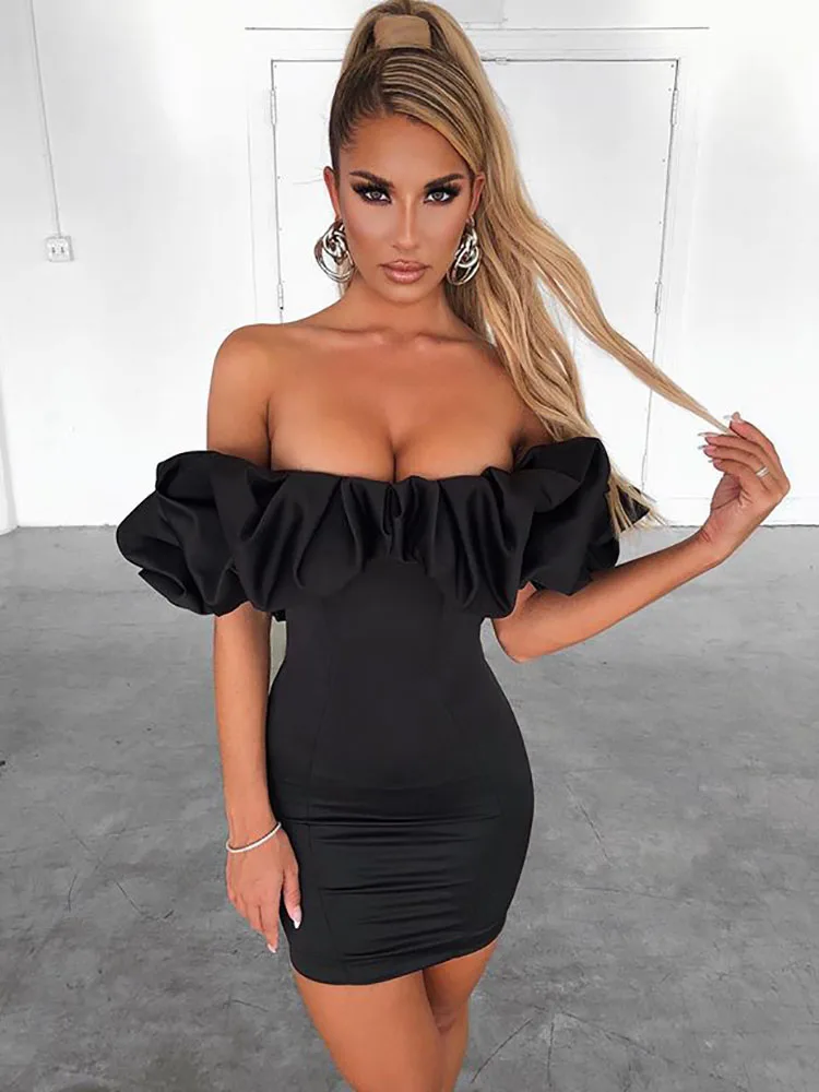 Summer Leisure Time Tight Dresses White Strapless Off Shoulder And Back Black Slim Lotus Leaf Buttock Wrapping Wine Red Dress