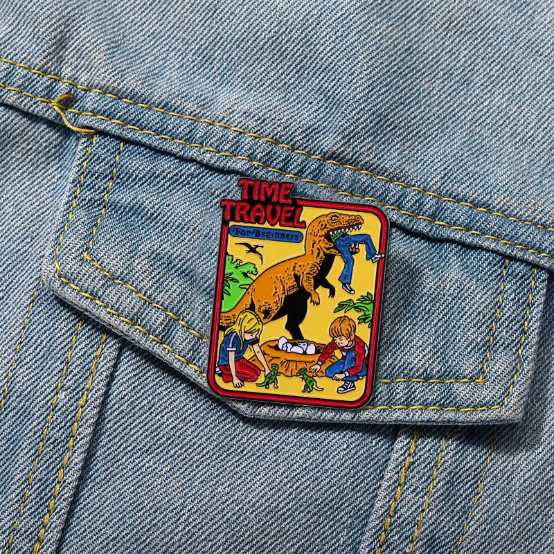 Time Travel for Beginners Enamel Lapel Pin Dinosaur Evil Art Badge Brooch Retro Comic Backpack Decoration Fashion Jewelry