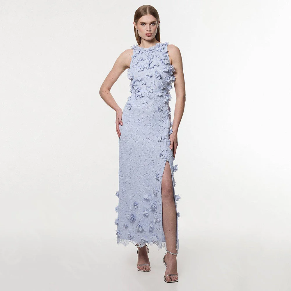 

Customized Charming Pale Blue Prom Dresses Lace 2025 New Wedding Party Dresses Ankle Length Evening Gowns Side Slit Flowers