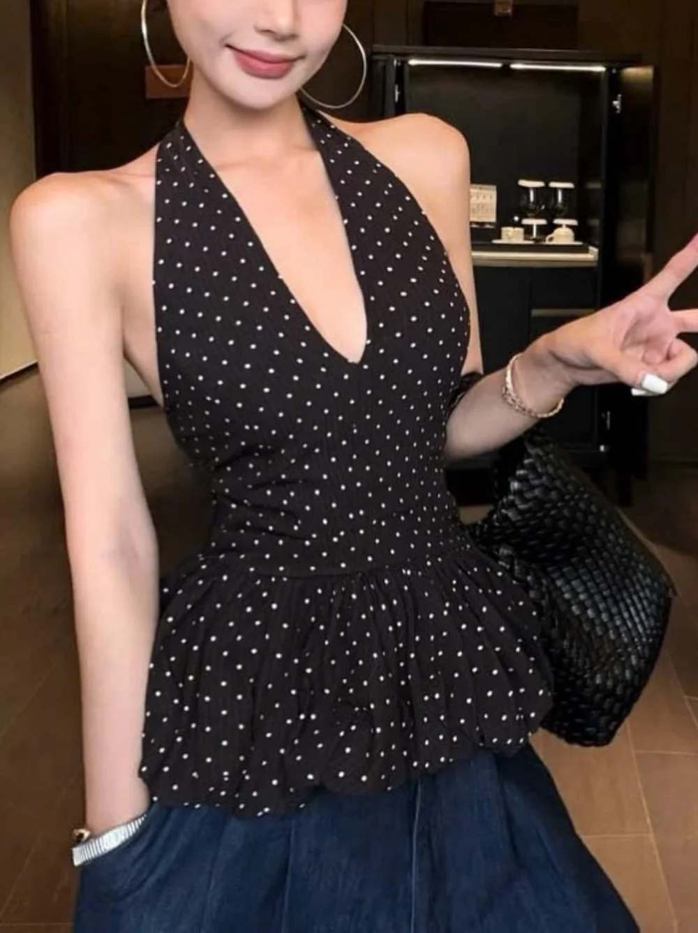 

Sexy Fashion Women's Tops Polka Dot Suspender Sleeveless Backless Bowknot Pleated Slim Fit Top New Fashion Summer Holiday Tops