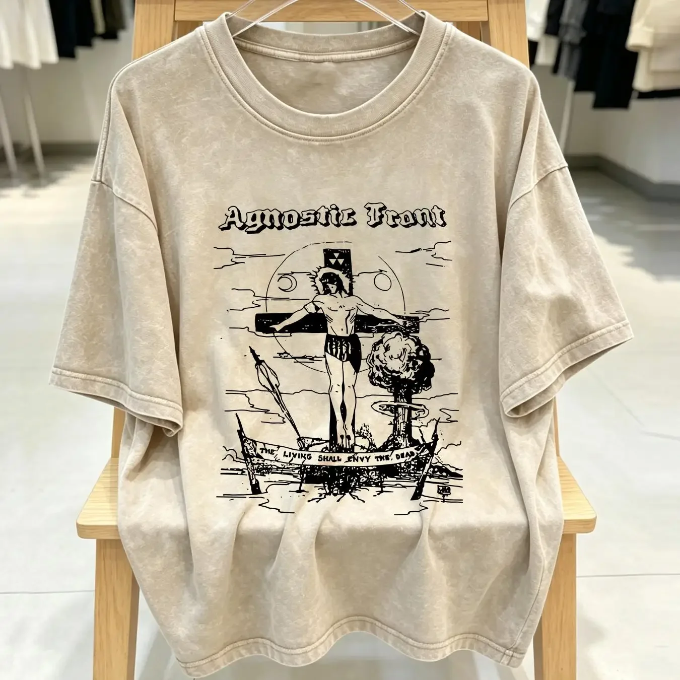 washed T Shirt AGNOSTIC FRONT The Living Shall Envy Dead long or short sleeves vintage Washed Top For Everyday Wear graphic