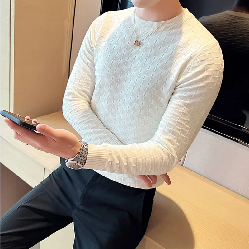 

Autumn Winter Stretch Jacquard Woven O-Neck Sweater Men's Waffle Slim Fit Long Sleeve Knitted Pullovers Casual Streetwear Z404