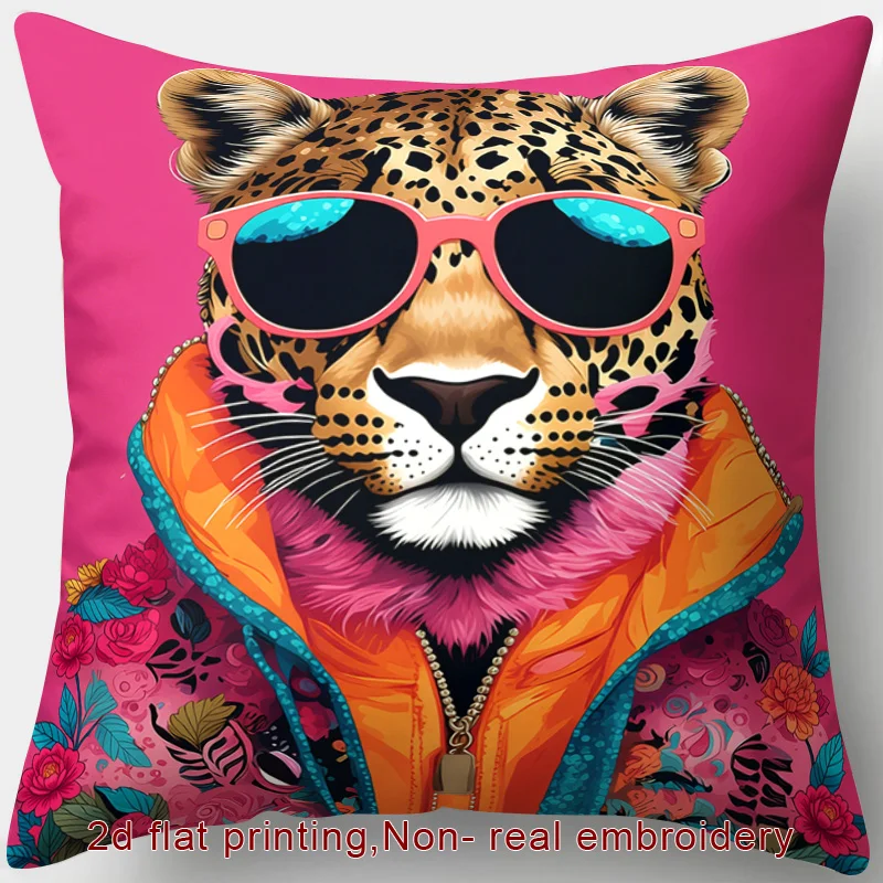 1pc D Flat Printing Zipper Throw Pillow Cover Trendy Fashion Theme Pillowcase With Leopard Fashion Glasses Jacket And Floral Pat