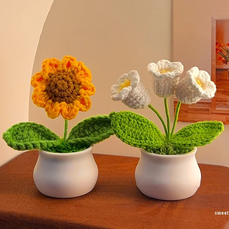 Crochet Flowers Potted Handmade Knitting Sunflower Tulip Pot Office Desktop Ornaments Car Interior Decoration Eternal Flower 제습기