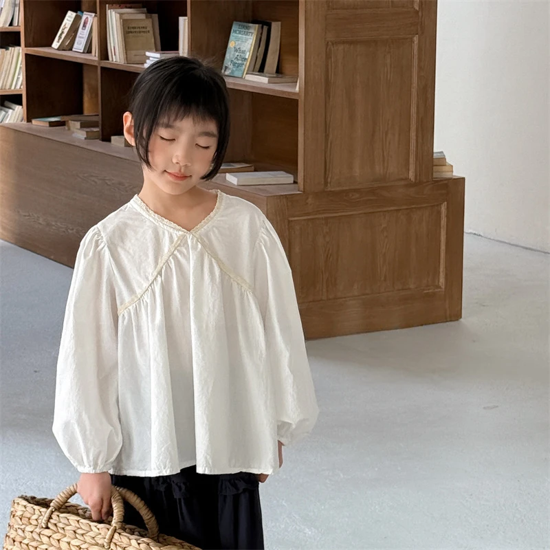 2025 Spring Ladies' Style Girls' Lace Shirt Children's Clothing Korean Japanese Style Washed Cotton Shirt