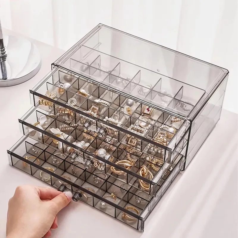 Acrylic Multi-Compartment Jewelry Storage Box Transparent Earrings Drawer Three-Layer 72-Grid High-Capacity Portable Organizer
