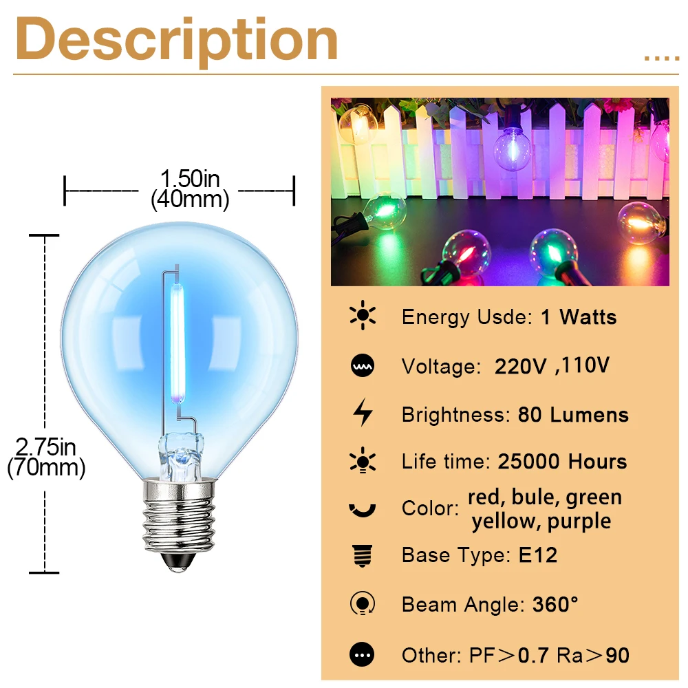 Retro G40 RGB E12 Led Bulb 1W 220V 110V Colorful Clear Glass For Outdoor String Lights Christmas Decorative Yard Garden Lights