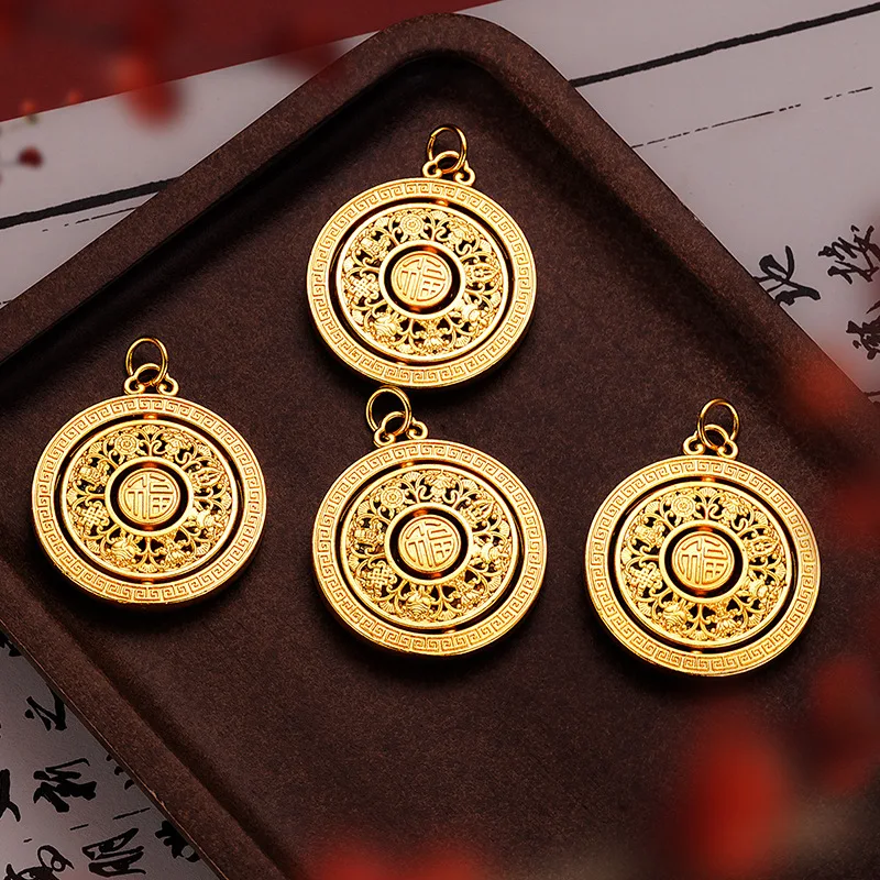 2026New24k999Vintage Gold Necklace with Rotatable Fortune Character and Eight Treasures Compass Pendant for Women