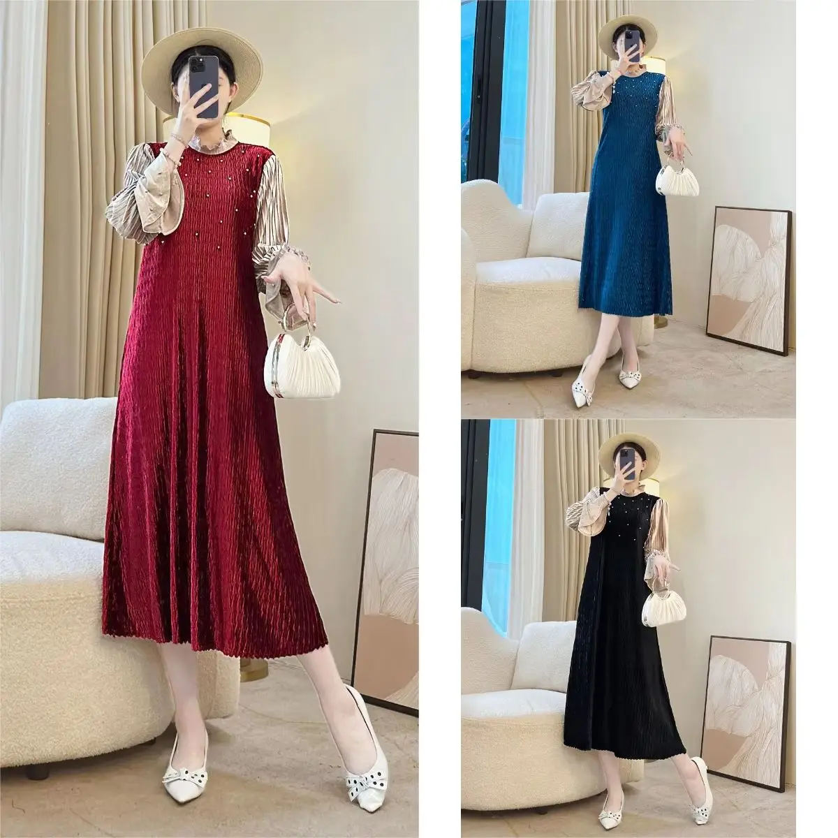 

Miyake Pleated New Autumn/winter 2025 Fashionable Round Neck Long Sleeved Dress with Pleated Flared Sleeves A Group Pleats