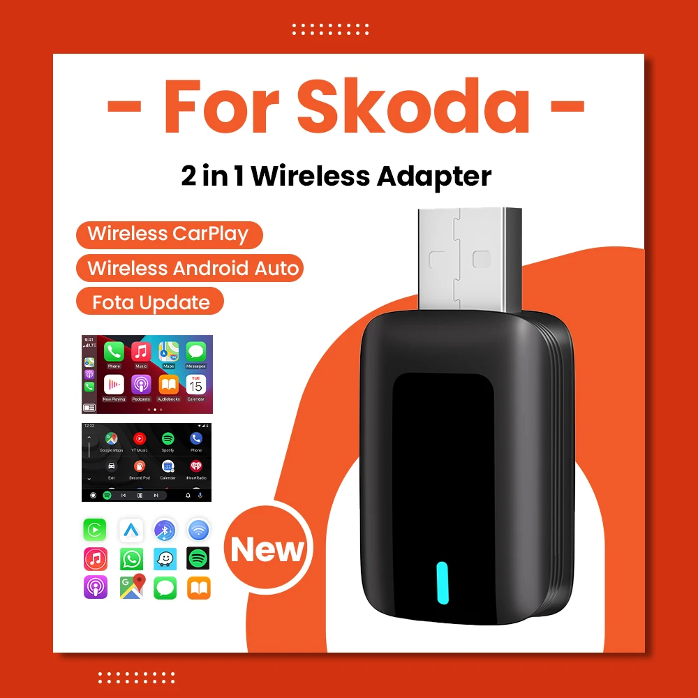 CarPlay Android Auto Wireless Adapter Plug And Play Bluetooth WiFi Fast For Skoda Yeti Fabia Octavia Rapid Superb Karoq Scala