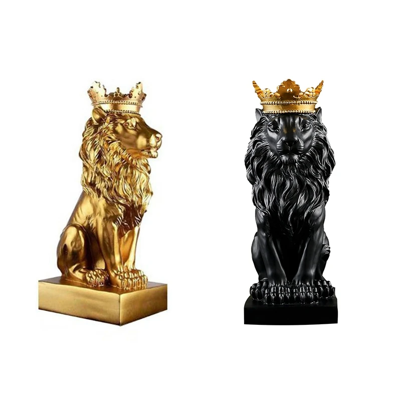 2 Pcs Crown Lion Statue Home Office Bar Male Lion Faith Resin Sculpture Crafts Animal Art Decor Ornaments, Gold & Black