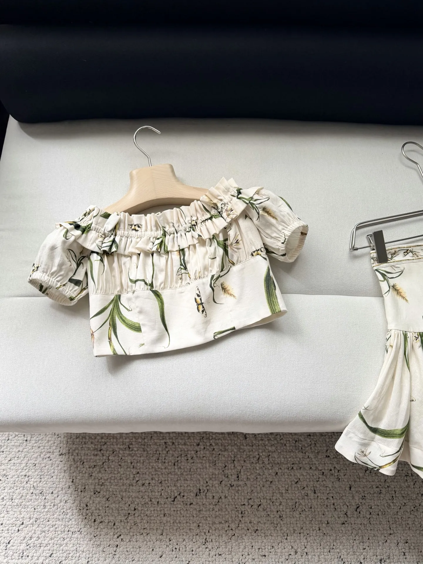 100% Linen Women Floral Print 2 Piece Matching Set V Neck Short Sleeve Top High Waist A Line Mini Skirt Casual Summer Outfit