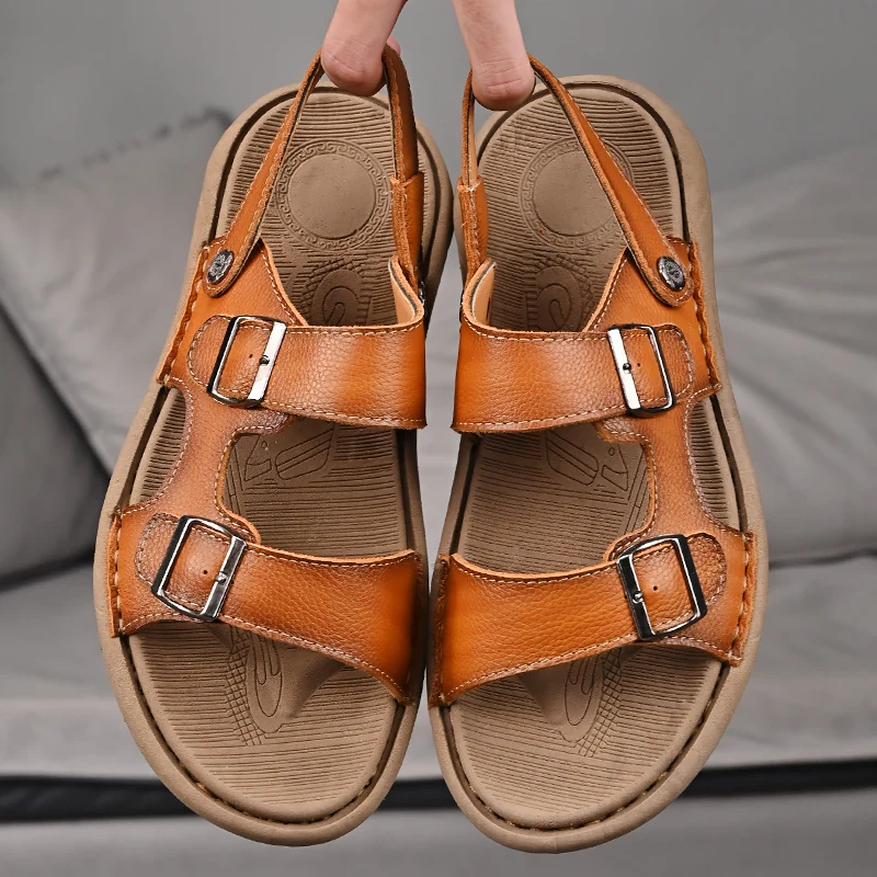 Golden Sapling Summer Sandal Fashion Beach Shoes Genuine Leather Men's Sandals Buckle Designer Casual Sandalias Men Leisure Flat