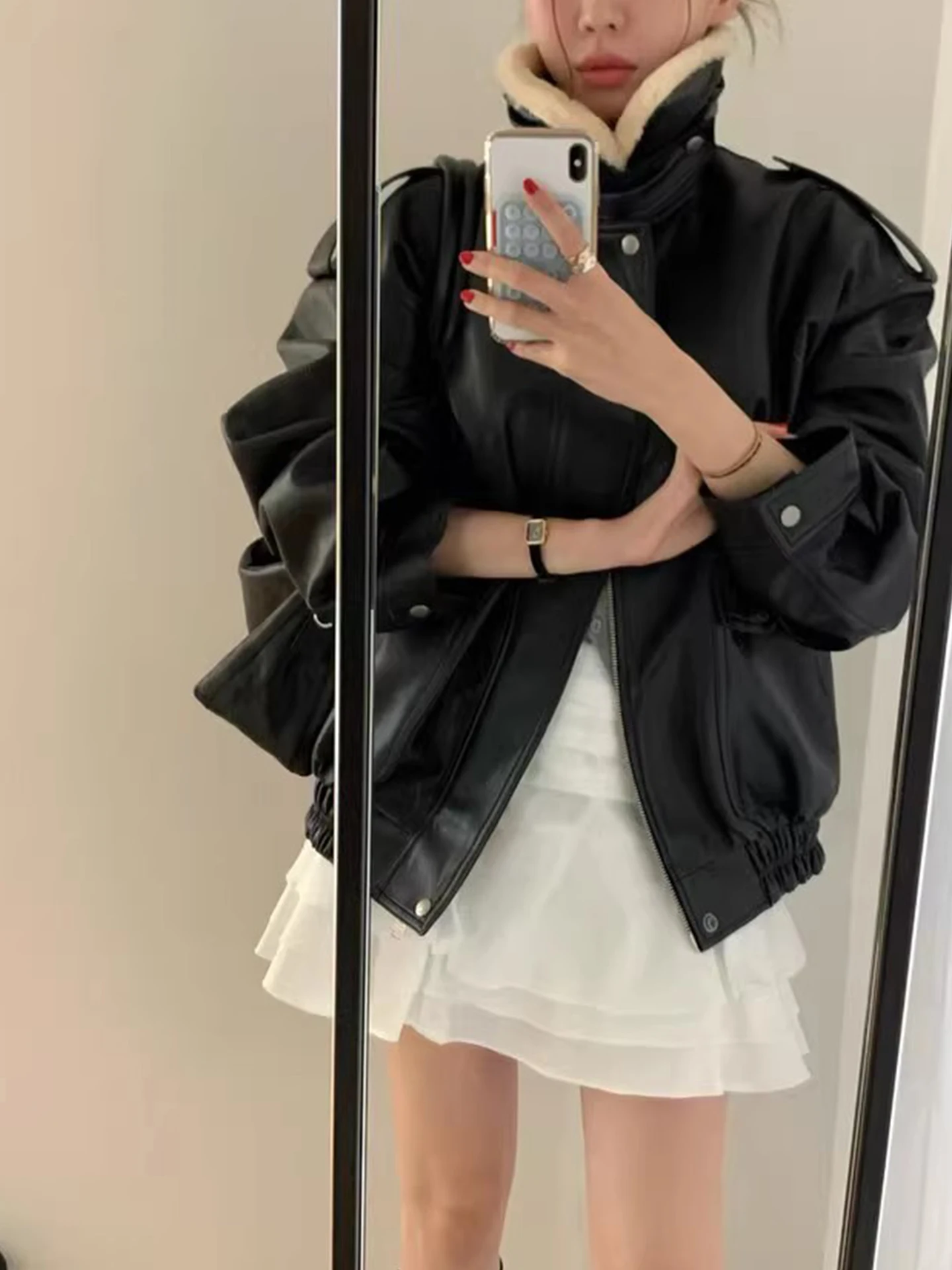 

Detachable Fur Collar Cotton PU Leather Jaet Women's Winter Loose Motorcycle Sle Top Faion Commute Windbreaker