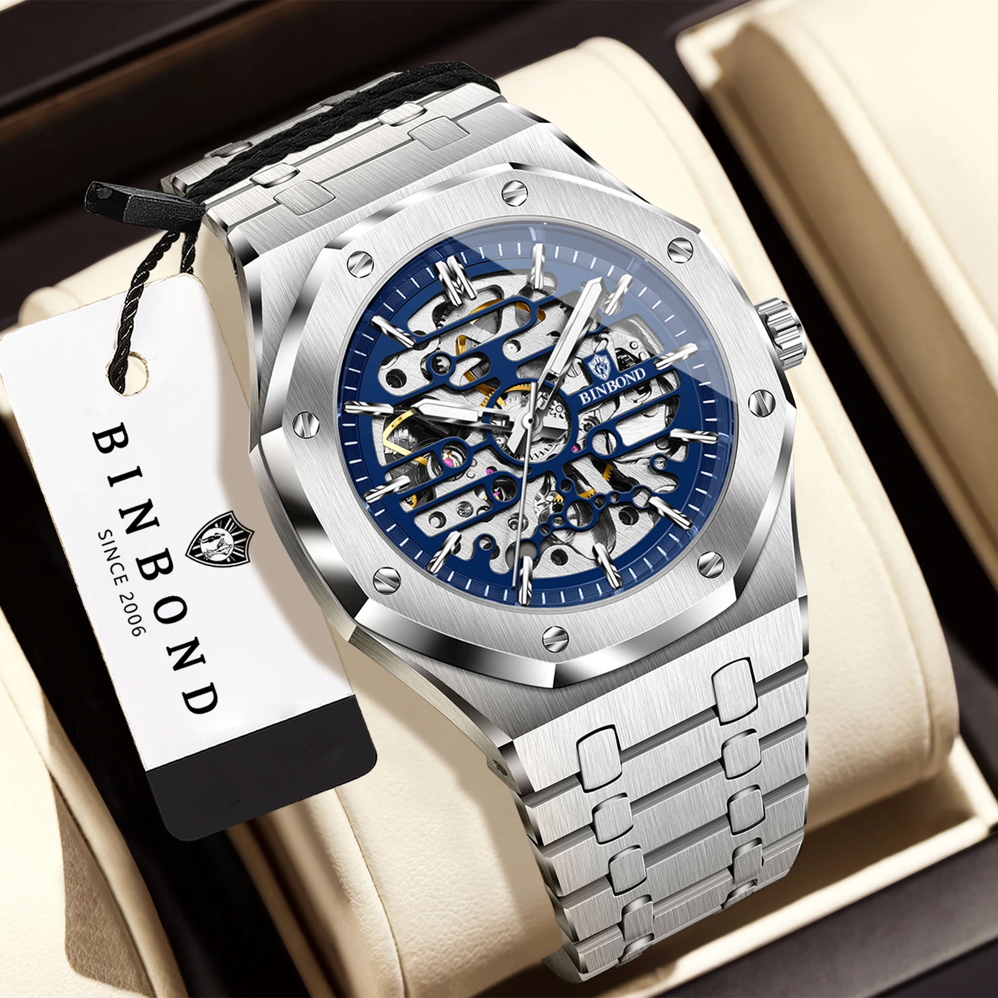 BINBOND Precise Skeleton Mechanical Watches for Men Luxury Luminous Waterproof Automatic Men's Watch Sturdy Stainless Steel Relo