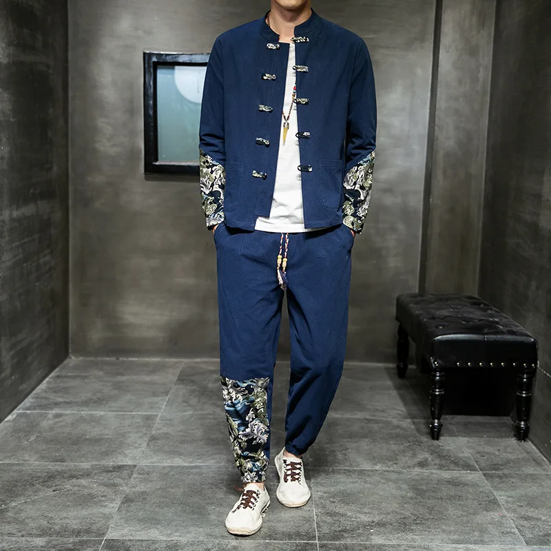 Spring  Autumn New Men's Splicing Set Tang Style Men's Clothing Chinese Style Linen Suit  Youth Retro Style Costume