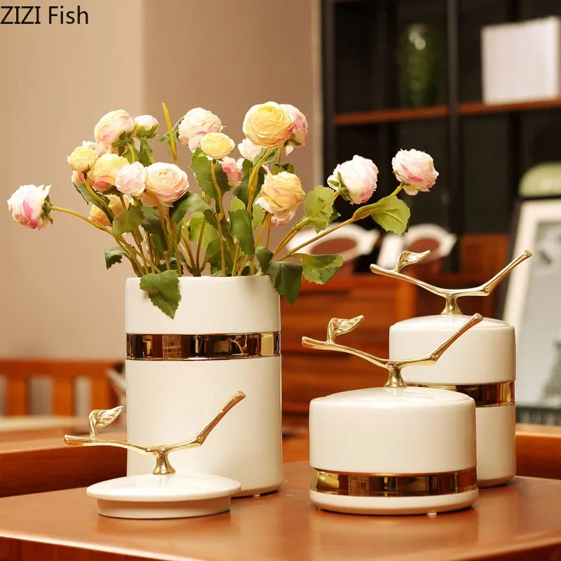 

Gold Plated Leaf Decorative Storage Jar Ceramic Vase Desk Decoration Candy Jar Tea Canister Flower Arrangement Floral Vases