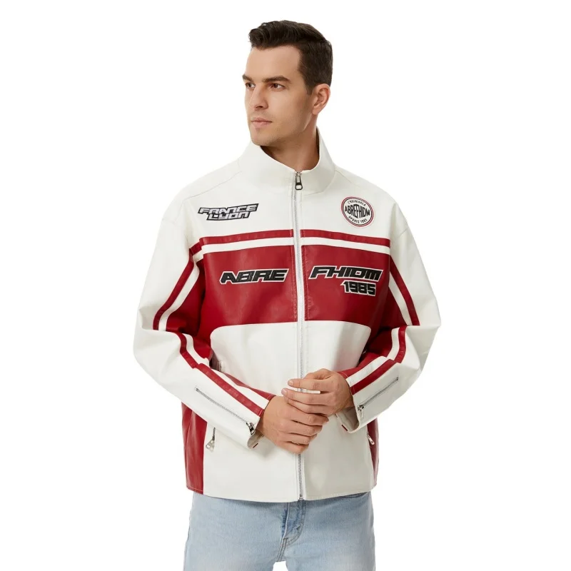 New Windproof Comfort Men Coat Spring Autumn Letter Fashion Casual Leather Jacket Outdoors Loose Simplicity Stand Collar Tops