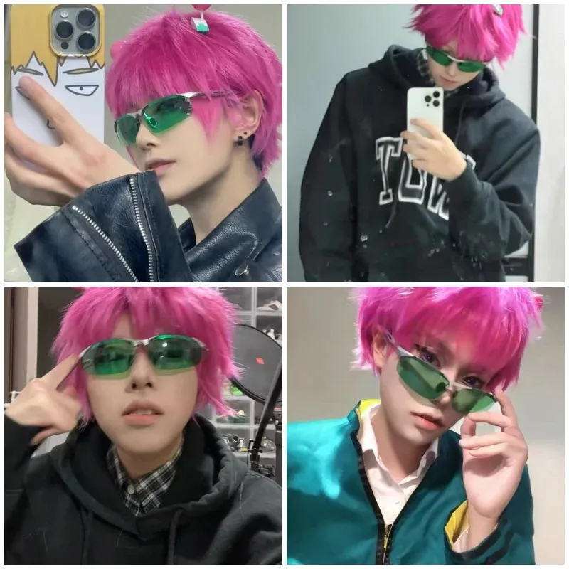 l2025l New Saiki Kusuo Cosplay Wig Hair Cap + 2 Hairpins Saiki k Wig for Cosplay Anime Role Play Pink Wig Adult  Anime Halloween