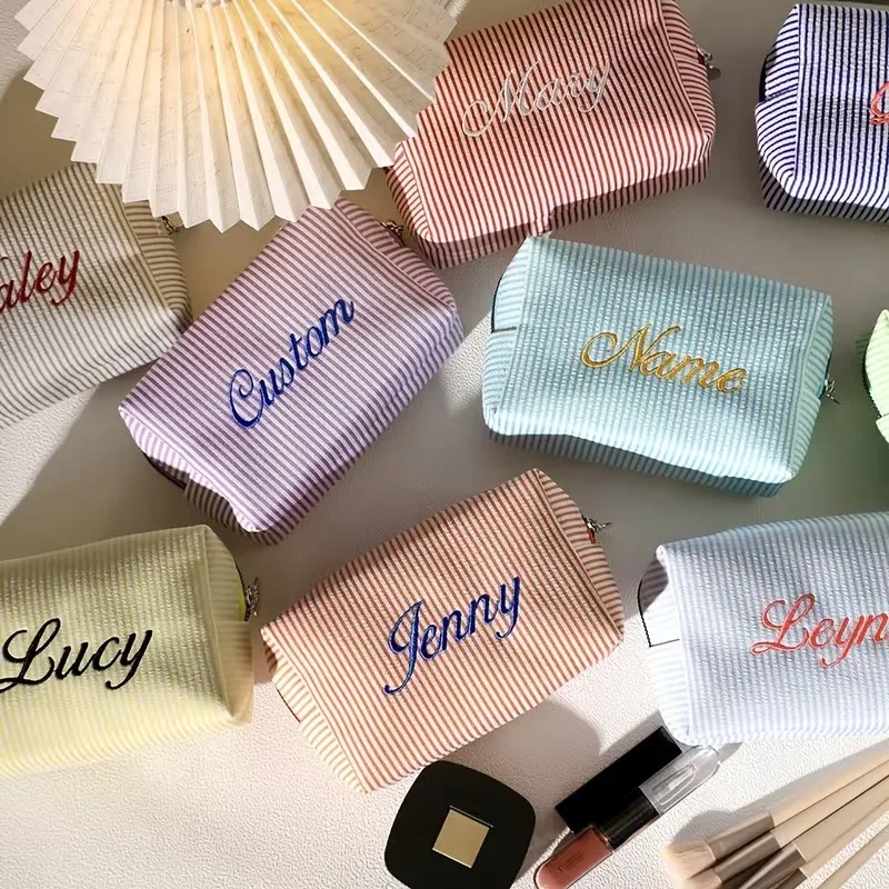 Custom Embroidered Seersucker Makeup Bag, Monogrammed Bridesmaid Cosmetic Pouch, Girly Portable Travel Toiletry Organize