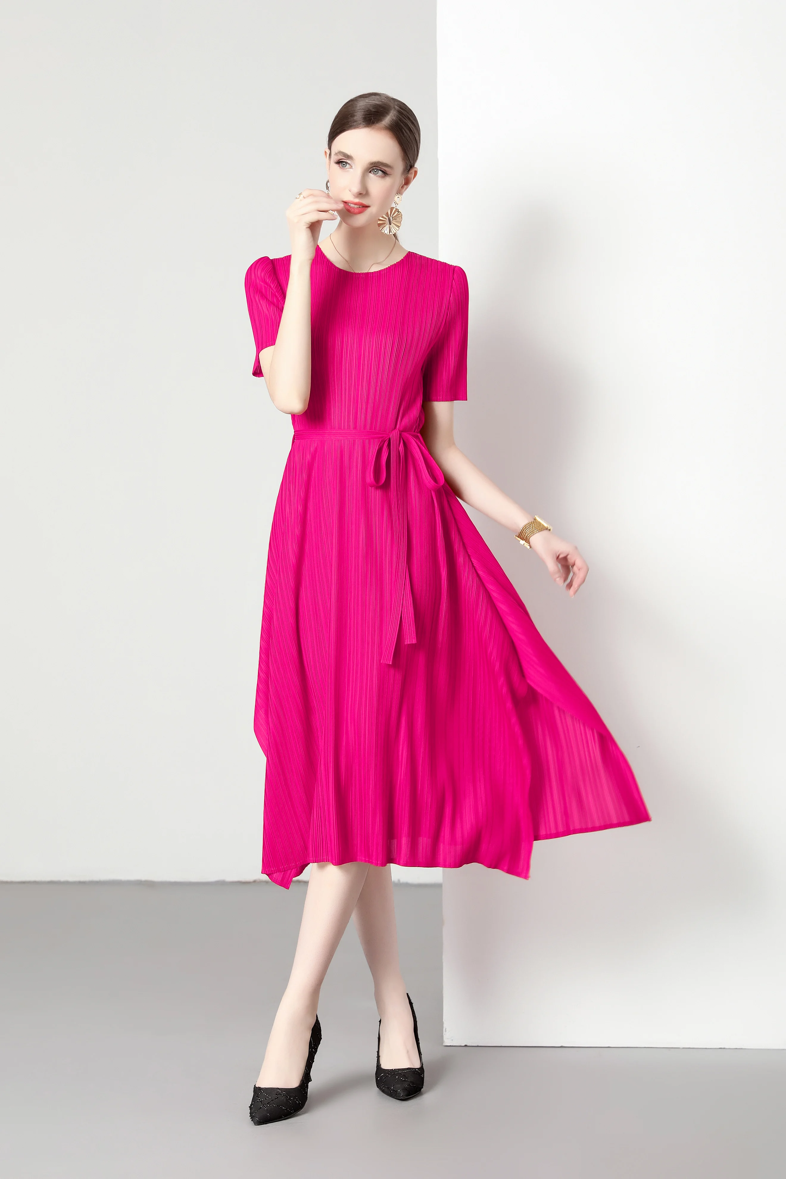 Miyake Pleated Ladies Solid Color Girlish Wind Tether Waist Slim Dress Solid Color Long Skirt Five-point Sleeve A-line Skirt